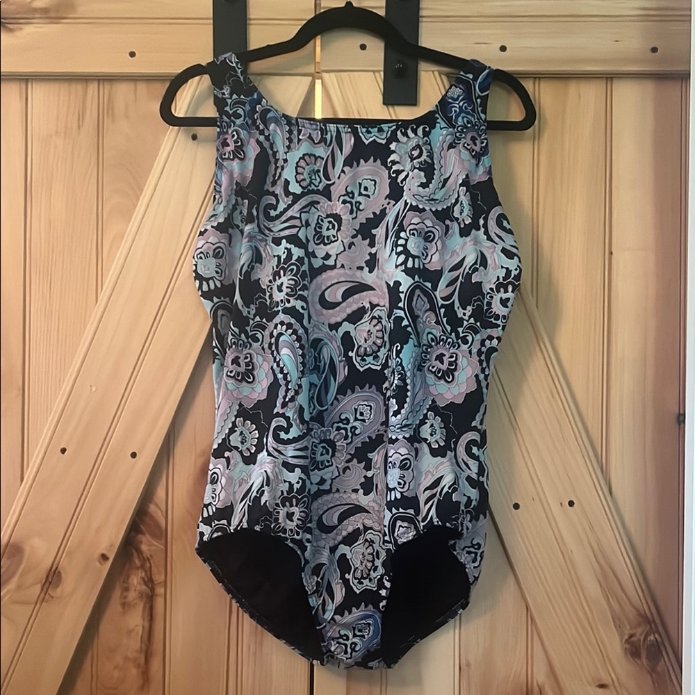 Lands' End Black and Blue Paisley One Piece Swimsuit